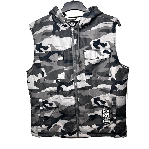 Ecko Unltd Mens Camouflage Hooded Vest Sherpa Lining Sleeveless Full-Zip Size XL - Picture 4 of 14